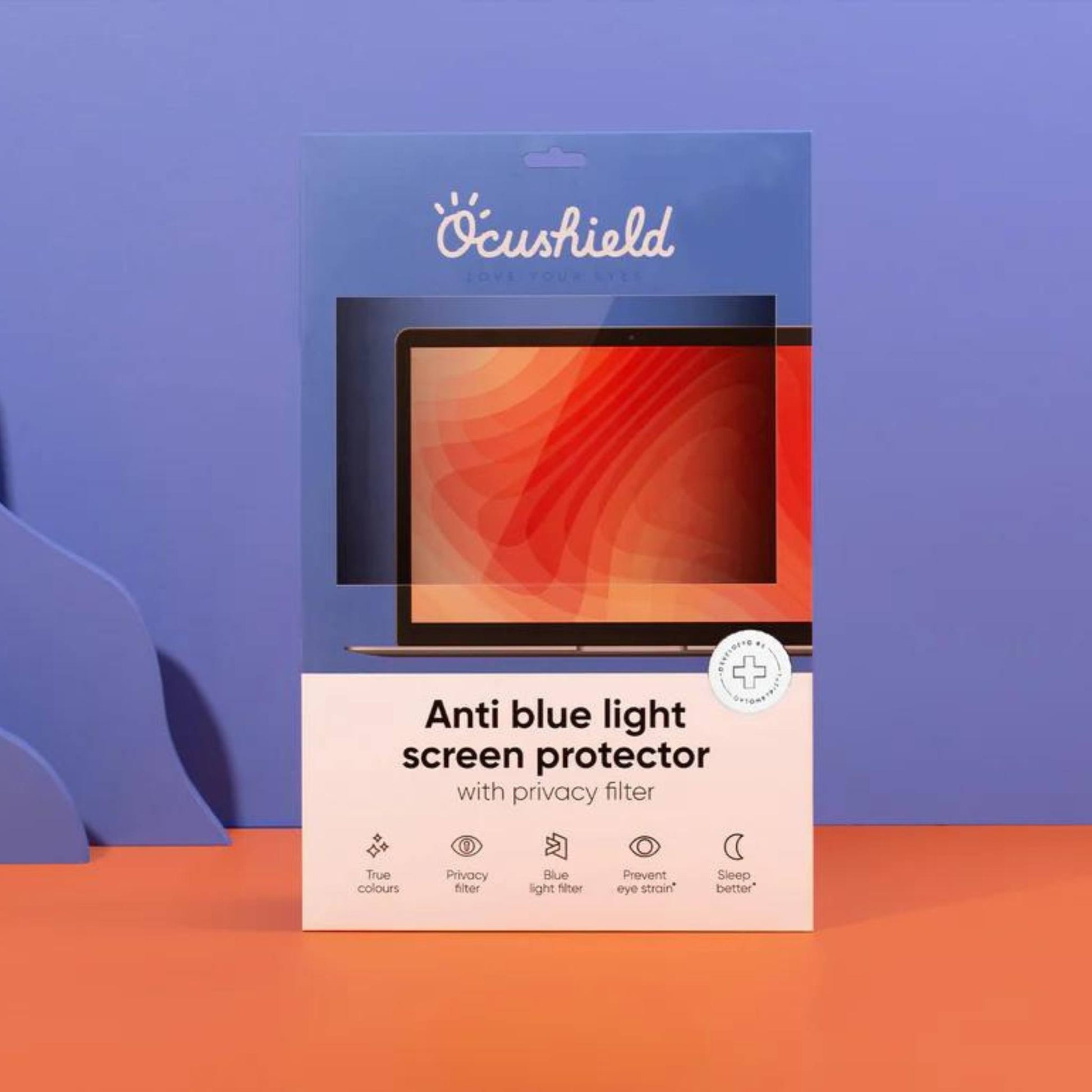 Ocushield anti blue light screen protector packaging displayed against purple and orange background, showing product features including privacy filter and sleep benefits.