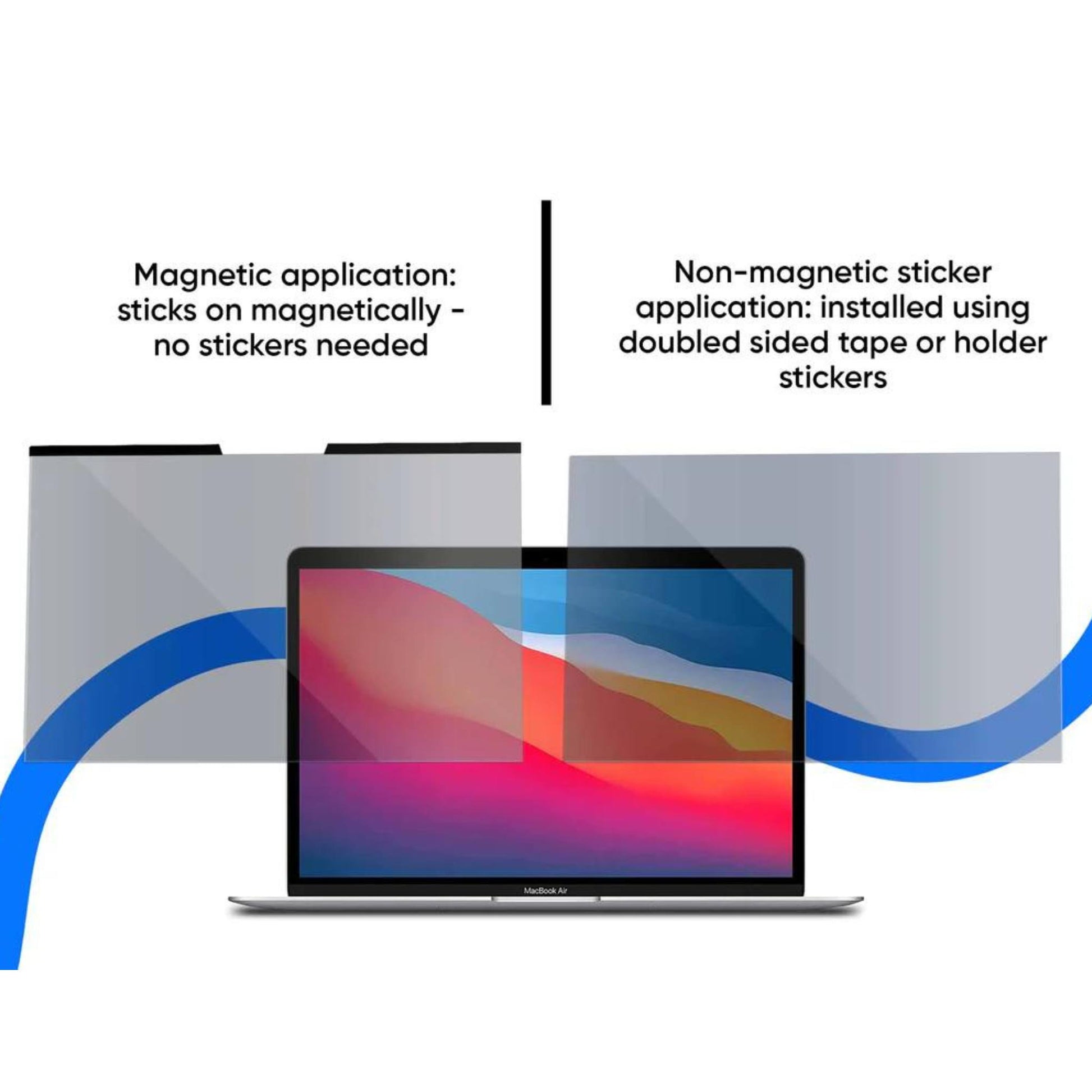 Ocushield Blue Light Screen Protector installation guide showing magnetic and non-magnetic application methods for MacBook.