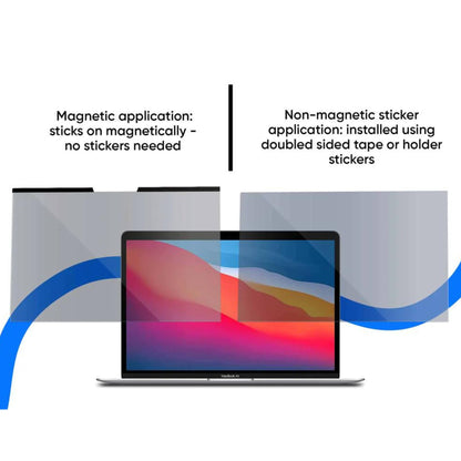 Ocushield Blue Light Screen Protector installation guide showing magnetic and non-magnetic application methods for MacBook.