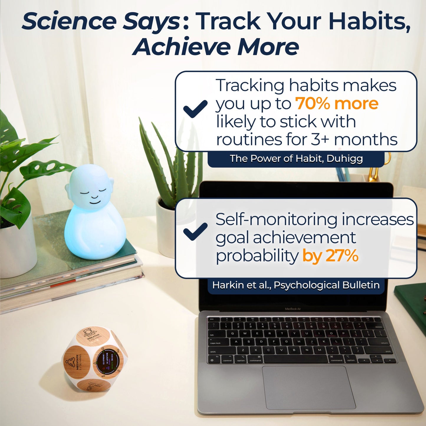 Desk setup showing laptop, plants, and wellness items with text about habit tracking benefits and statistics from scientific research.