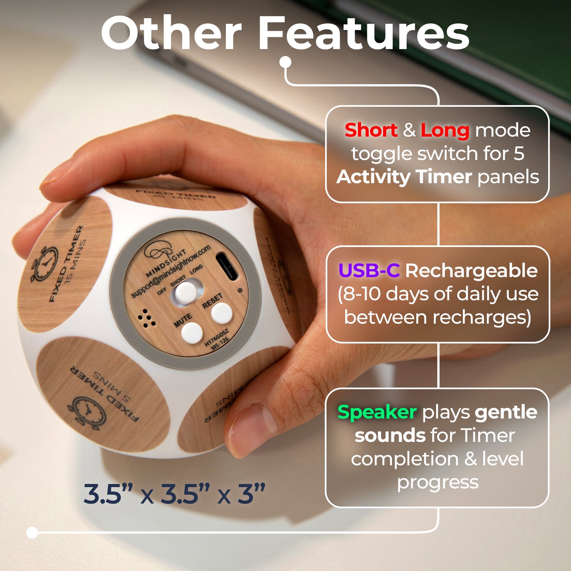 Wooden wellness timer with labeled features: Short & Long mode toggle, USB-C rechargeable, speaker for sounds. Size: 3.5"x3.5"x3".
