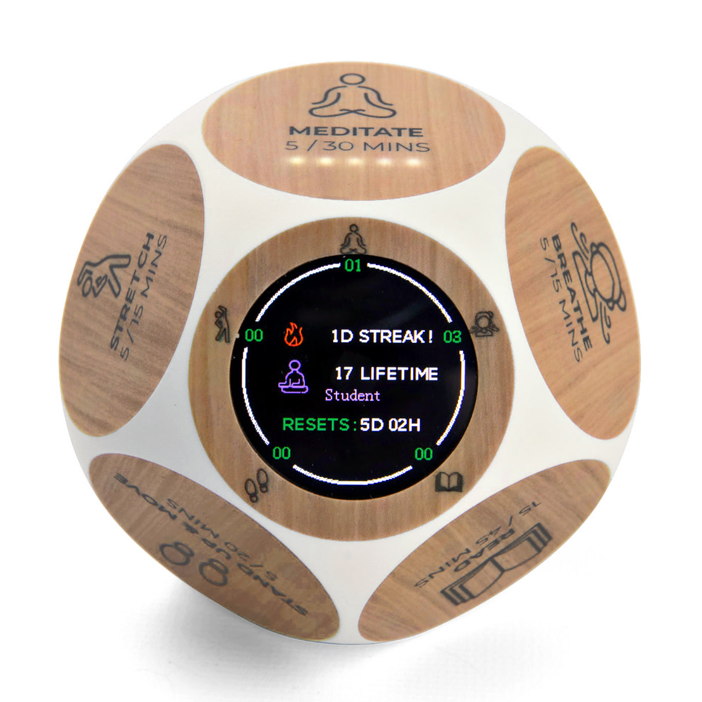 Wooden wellness tracker with meditation timer display, showing 1D streak and 17 lifetime student sessions with reset information on central screen.