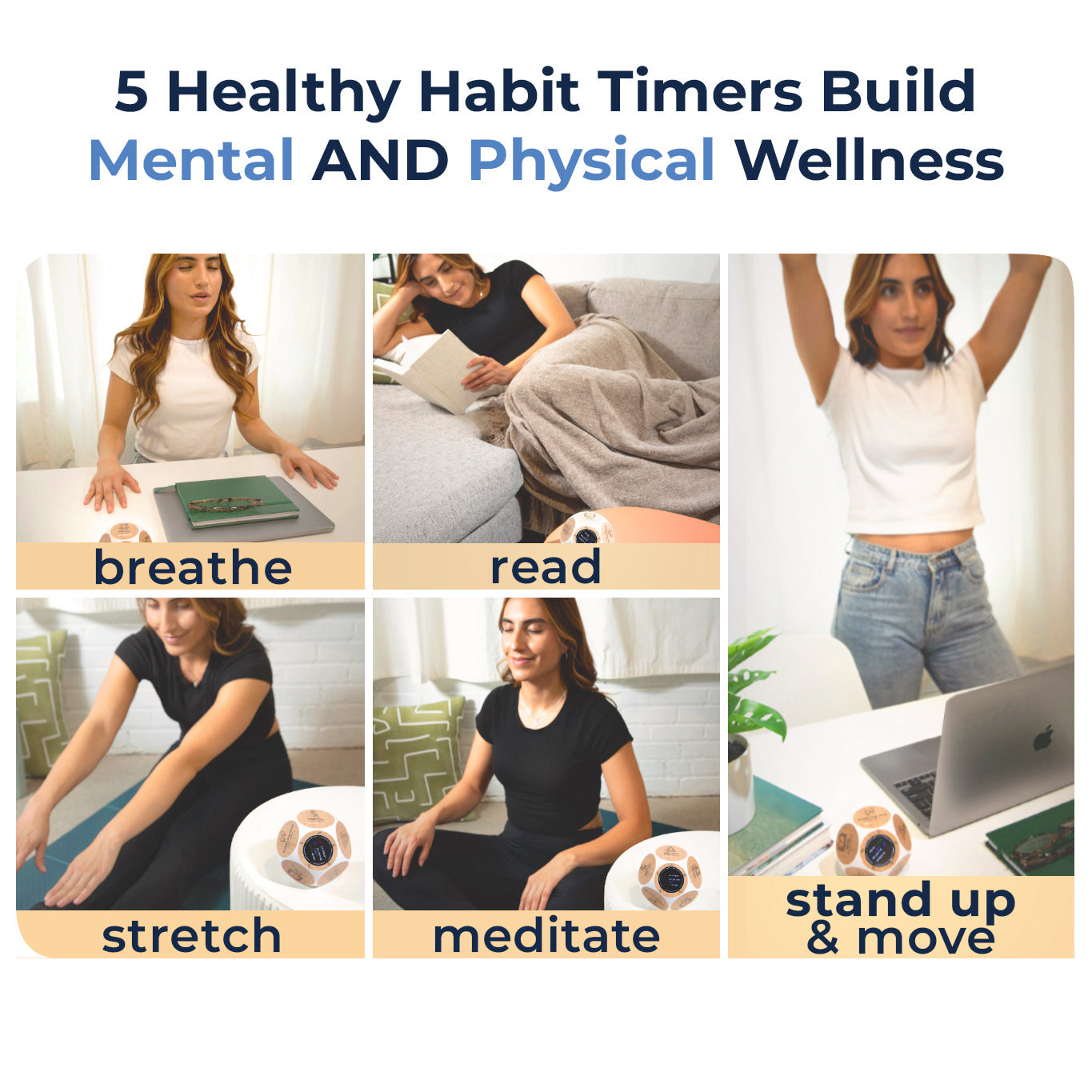 Five healthy habit timers displayed with activities: breathe, read, stretch, meditate, and stand & move for wellness tracking.