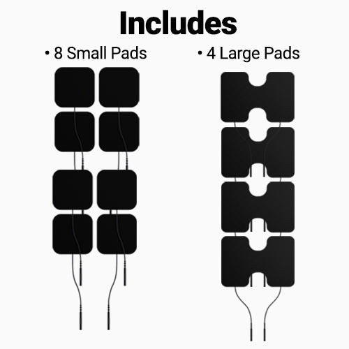 iReliev TENS Electrodes Refill Kit contents: 8 small square pads and 4 large rectangular pads with wires.