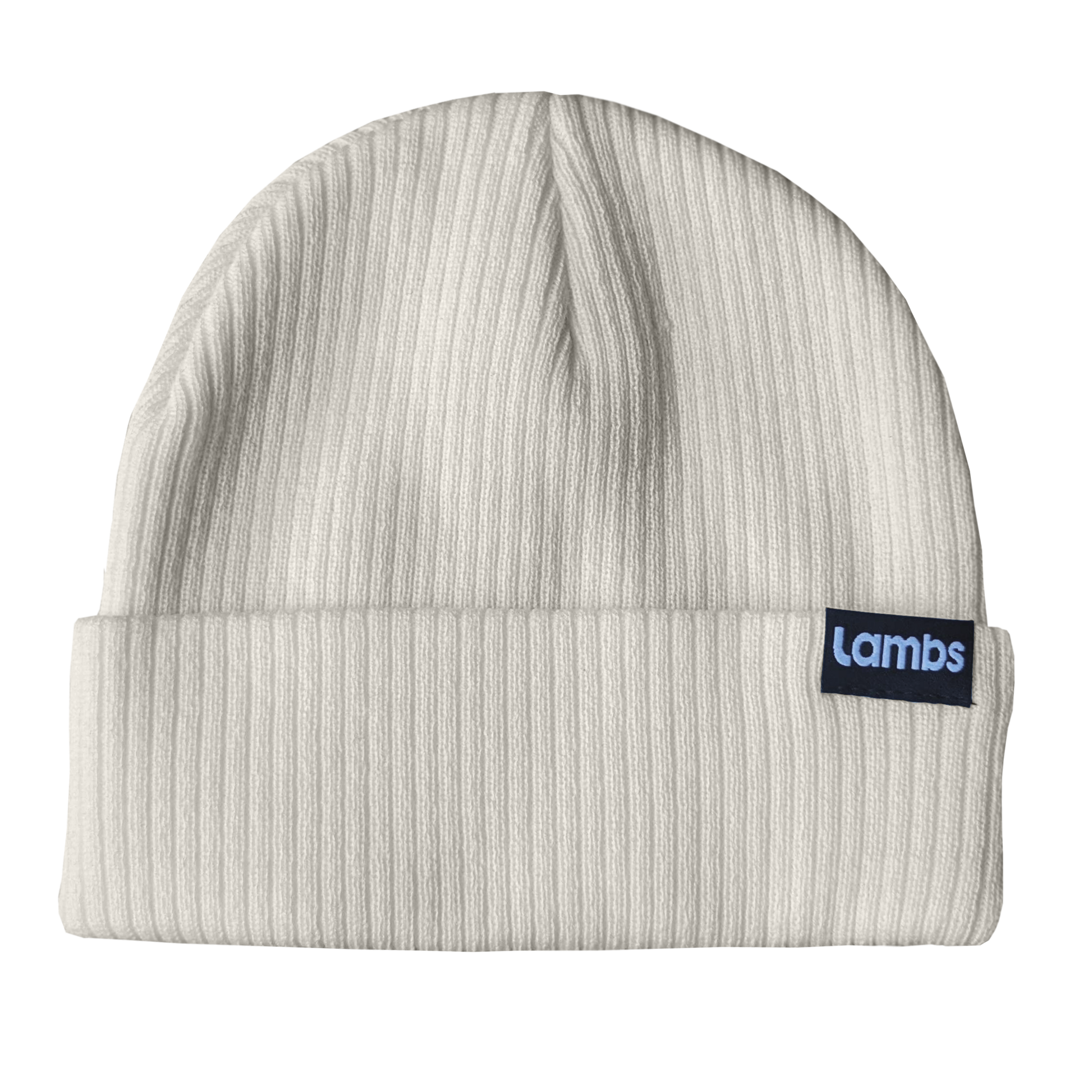 Cream ribbed HAVN WaveStopper™ Beanie with black brand label patch on fold, displayed flat against white background.