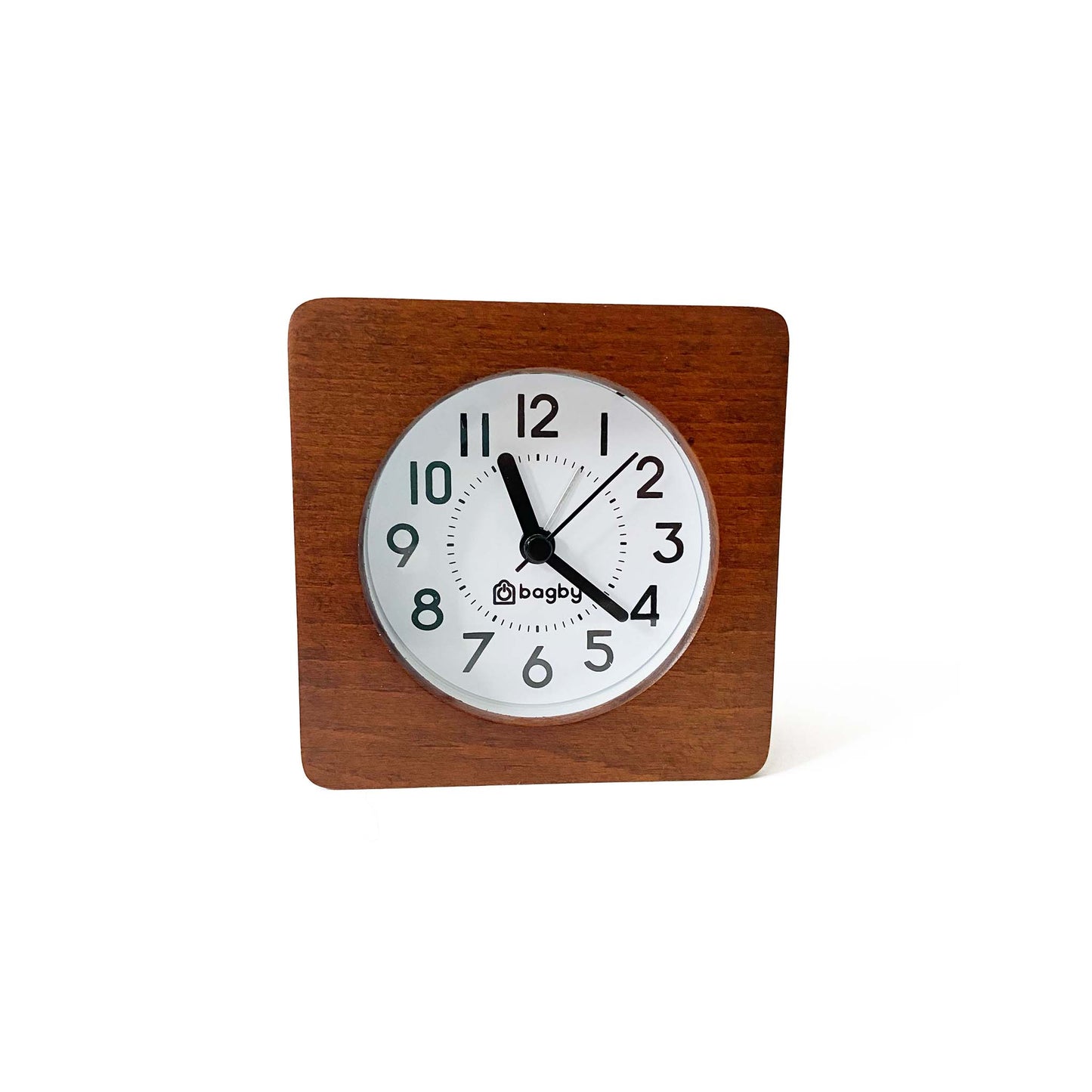 Bagby EMF-Free Classic Silent Analog Alarm Clock with wooden frame and white face, displaying 10:10.