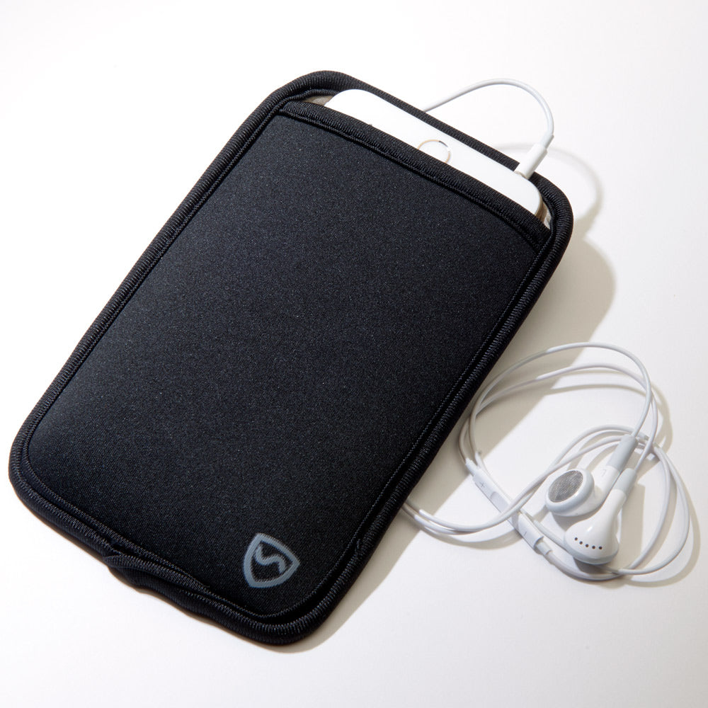 Black SYB Phone Pouch with zipper and carrying handles, displayed with white earbuds and charging cable.