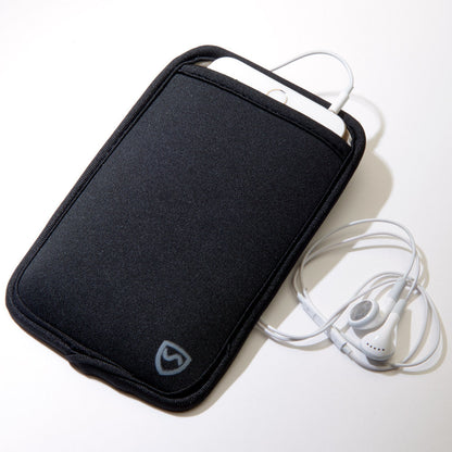 Black SYB Phone Pouch with zipper and carrying handles, displayed with white earbuds and charging cable.