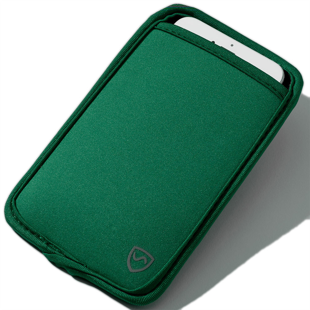 Dark forest green SYB Phone Pouch shown at an angle with a smartphone partially inserted at the top.