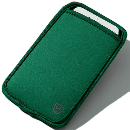 Dark forest green SYB Phone Pouch shown at an angle with a smartphone partially inserted at the top.