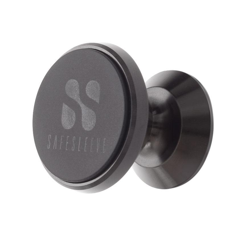 SafeSleeve car mount shown from side angle, displaying circular magnetic disc with logo and cylindrical attachment base in gunmetal gray.