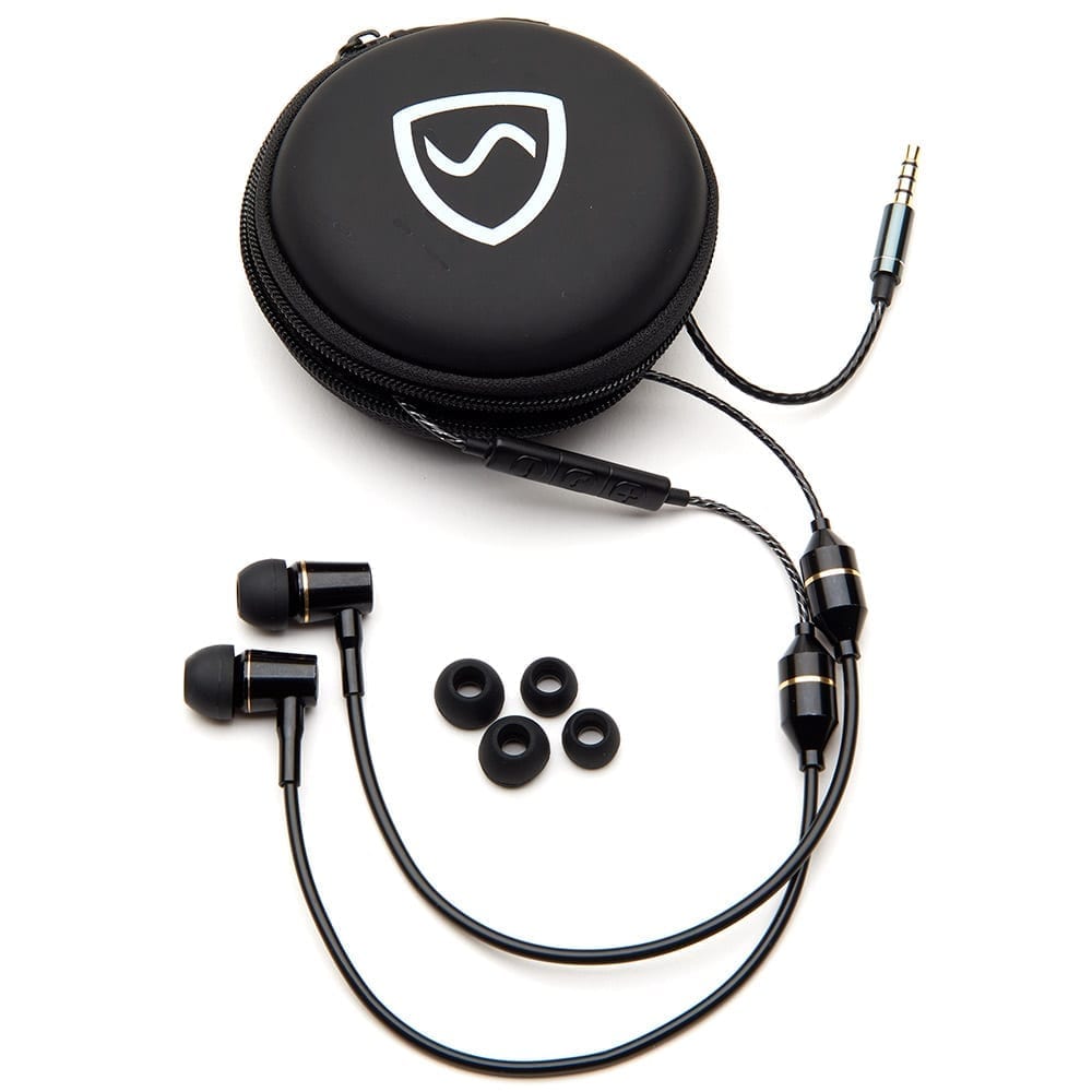 SYB Air Tubes anti-radiation headphones with carrying case, earbuds, inline microphone, and four ear tips displayed flat.