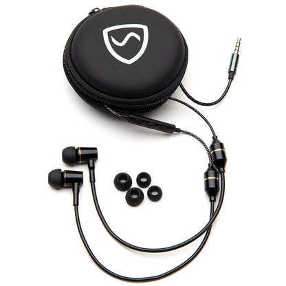 SYB Air Tubes anti-radiation headphones with carrying case, earbuds, inline microphone, and four ear tips displayed flat.