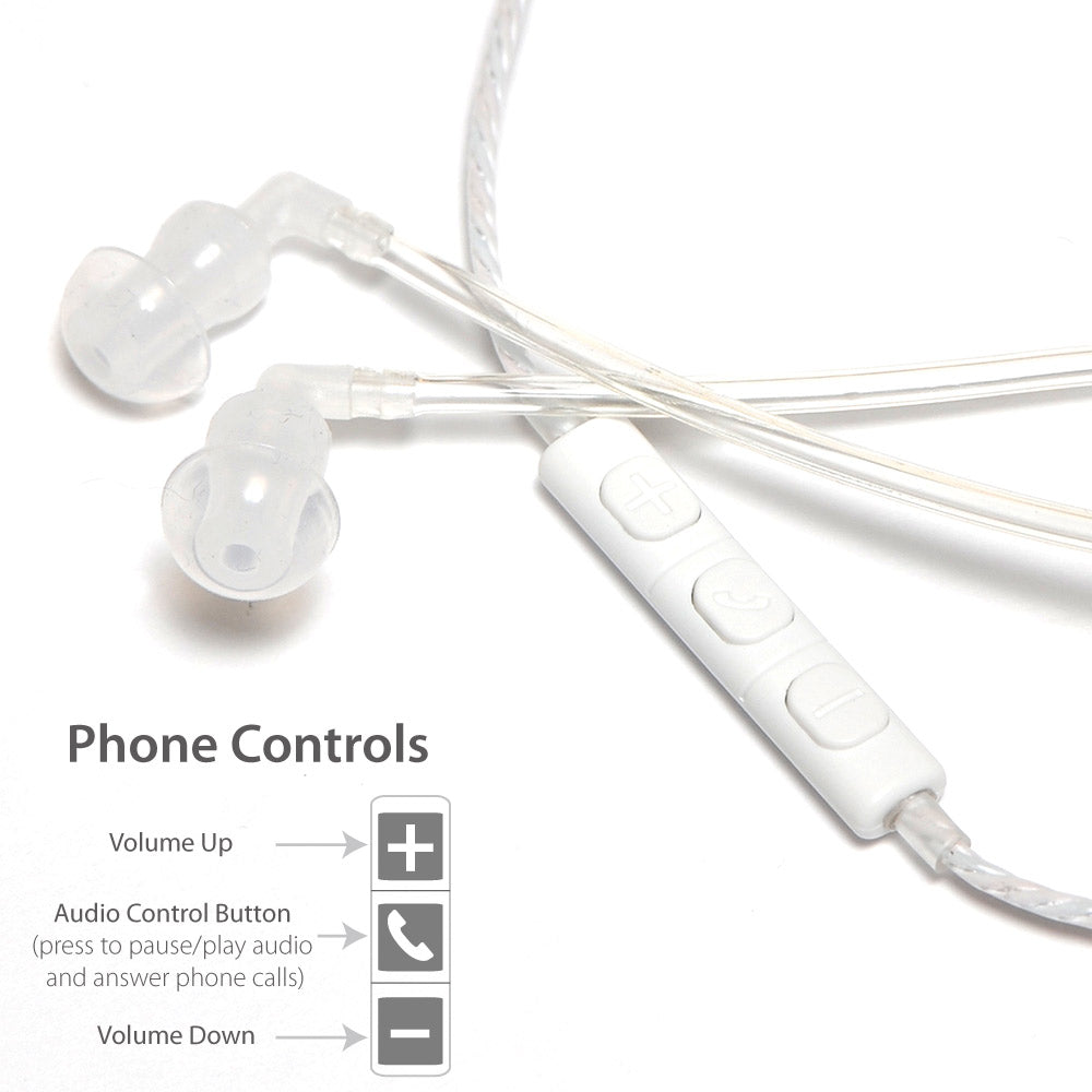 SYB Wrap-Around Air Tube Headphone Headset with transparent earbuds and white control pod showing volume and call answer buttons.