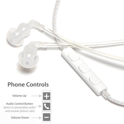 SYB Wrap-Around Air Tube Headphone Headset with transparent earbuds and white control pod showing volume and call answer buttons.