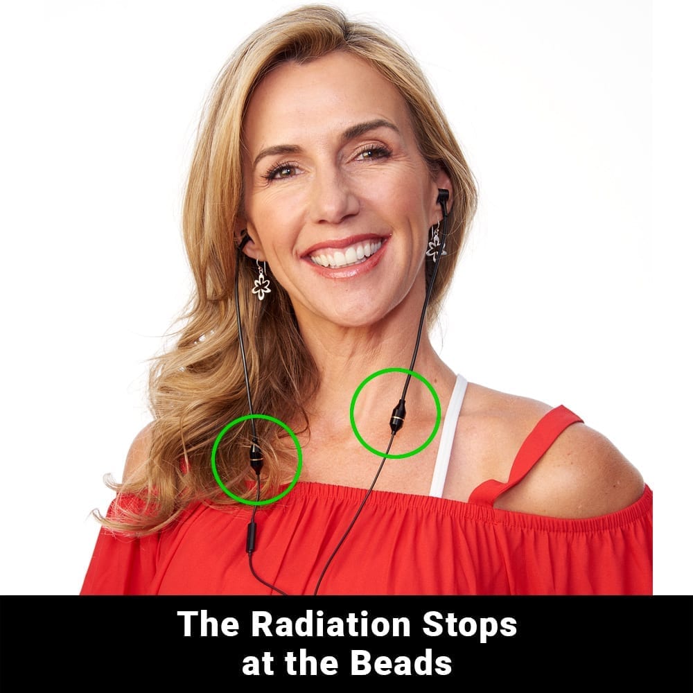 Woman wearing red off-shoulder top demonstrating SYB Air Tubes headphones in use, with green circles highlighting the beads on the cord.