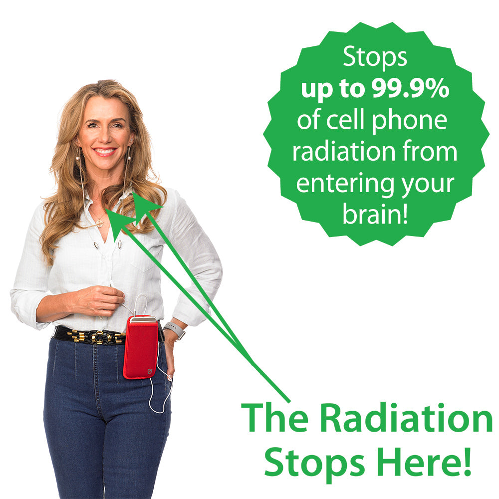 Woman wearing SYB Wrap-Around Air Tube Headphone Headset in red, demonstrating radiation blocking claim with green arrows pointing to brain.