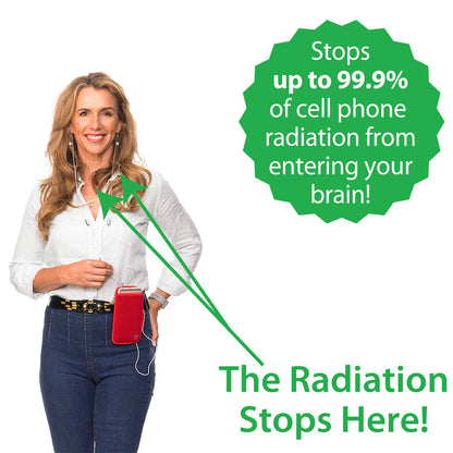 Woman wearing SYB Wrap-Around Air Tube Headphone Headset in red, demonstrating radiation blocking claim with green arrows pointing to brain.