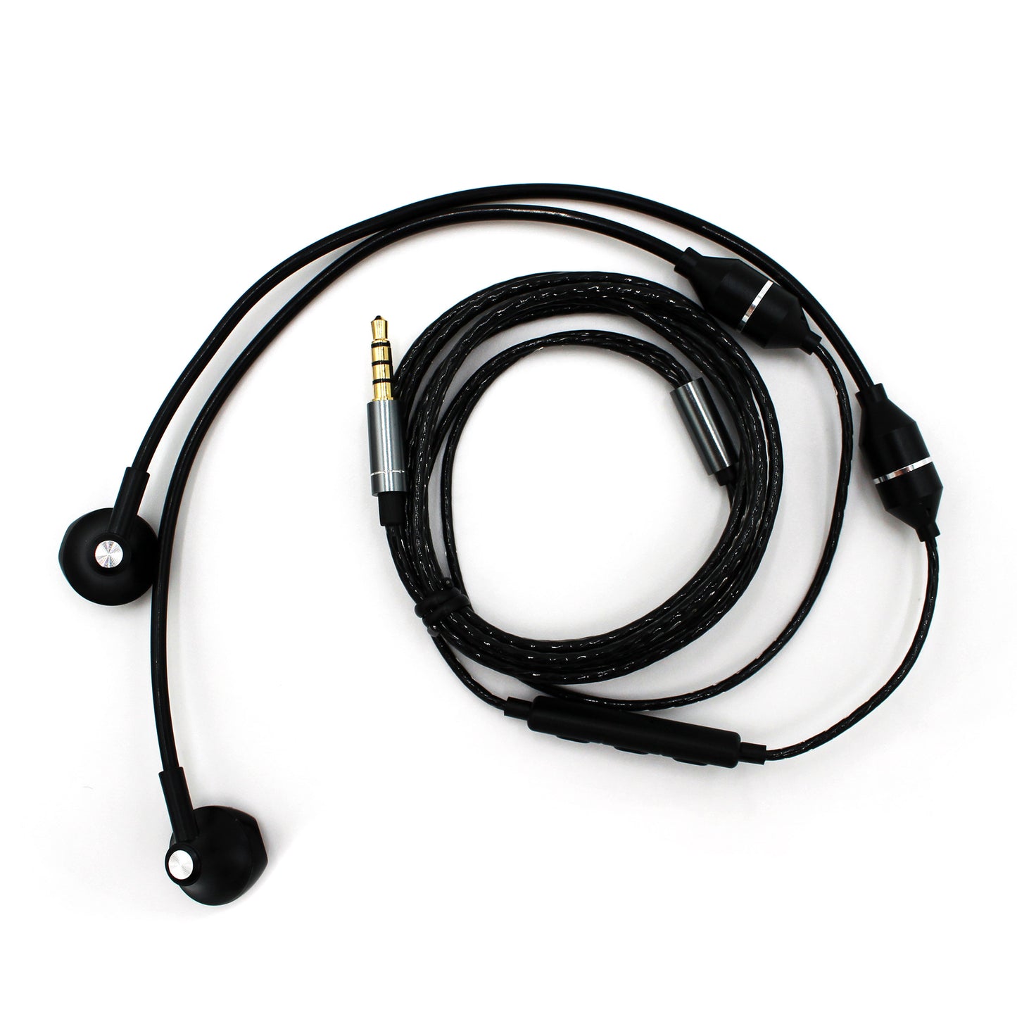 AvalonX Air Tubes EMF-free headphones with black earbud earpieces and coiled cable with 3.5mm jack connector, overhead flat lay view.