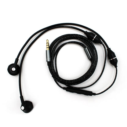 AvalonX Air Tubes EMF-free headphones with black earbud earpieces and coiled cable with 3.5mm jack connector, overhead flat lay view.