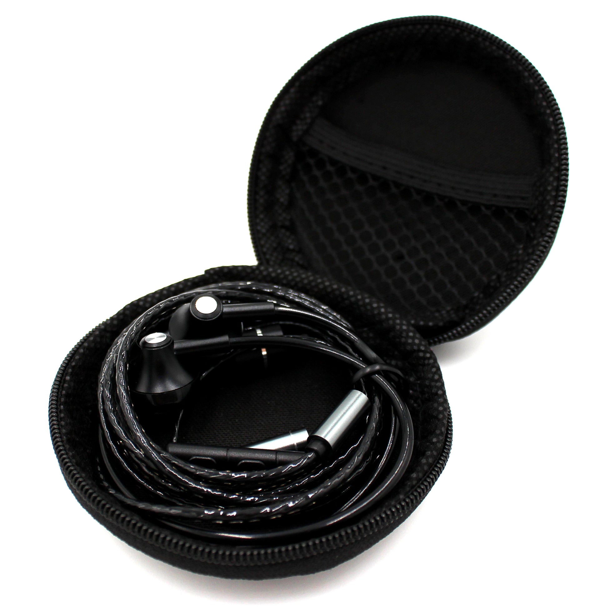 AvalonX Air Tubes earbud-style headphones coiled in open black carrying case with zipper closure.