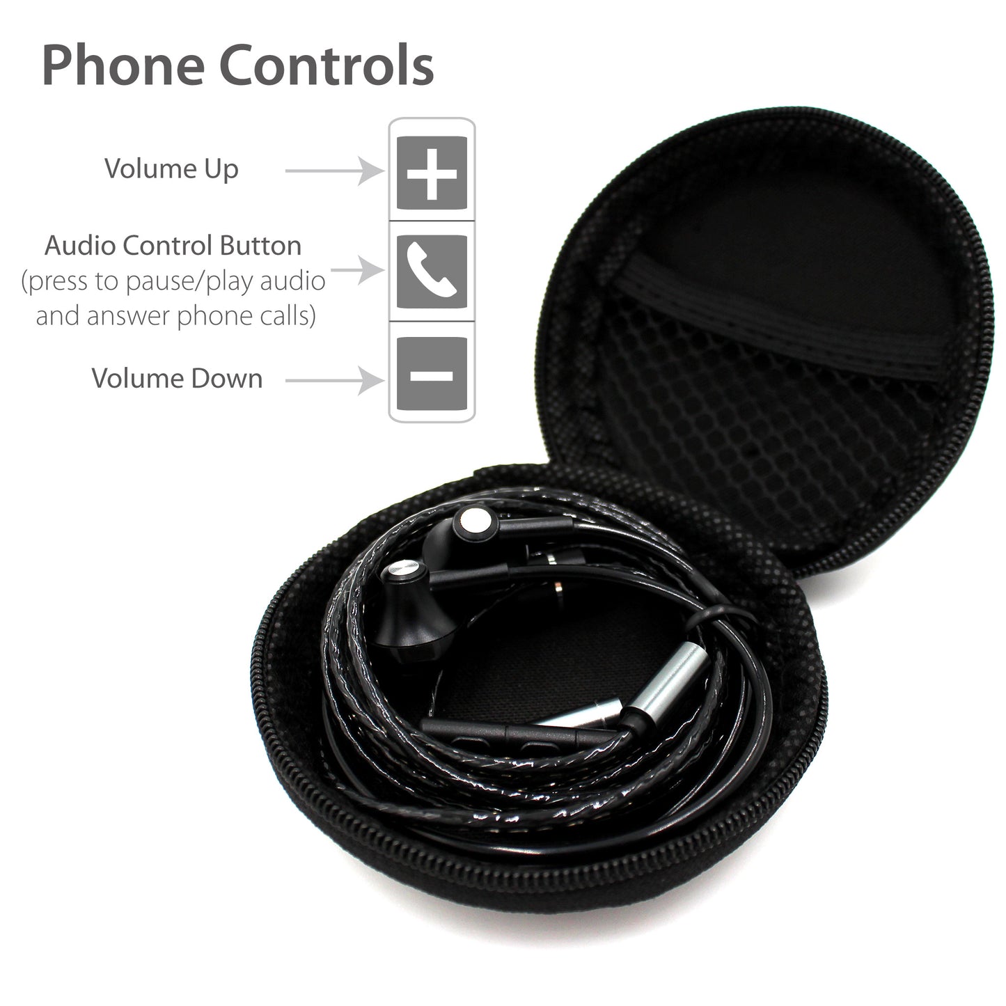 AvalonX Air Tubes earbud headphones displayed in open black carrying case with phone controls diagram showing volume and audio buttons.