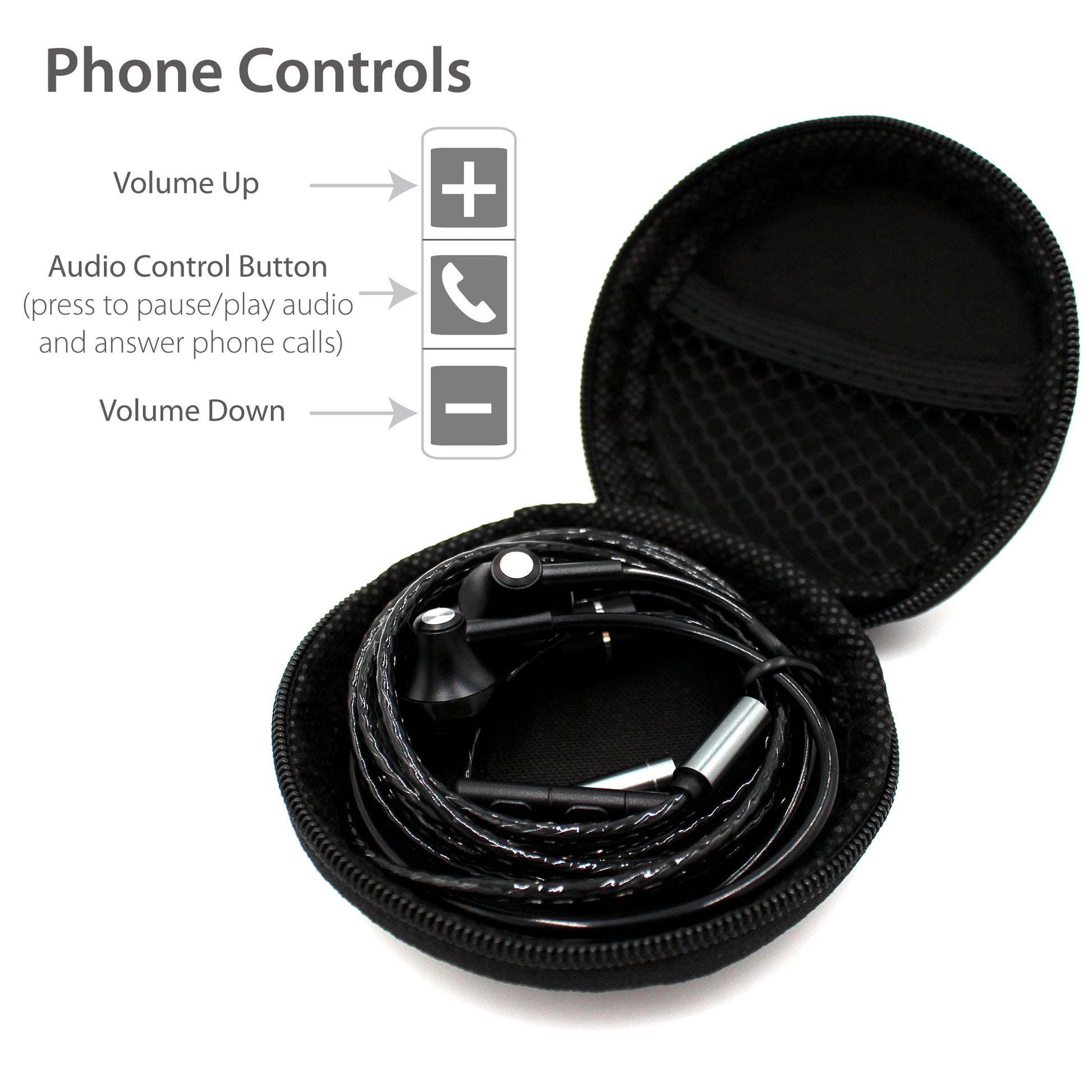 AvalonX Air Tubes earbud headphones displayed in open black carrying case with phone controls diagram showing volume and audio buttons.