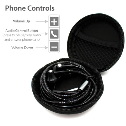 AvalonX Air Tubes earbud headphones displayed in open black carrying case with phone controls diagram showing volume and audio buttons.