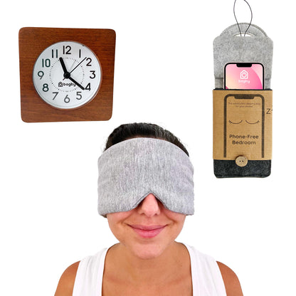 Bagby Better Bedroom Bundle displayed with wooden clock, sleep eye mask worn by model, and phone pouch organizer.