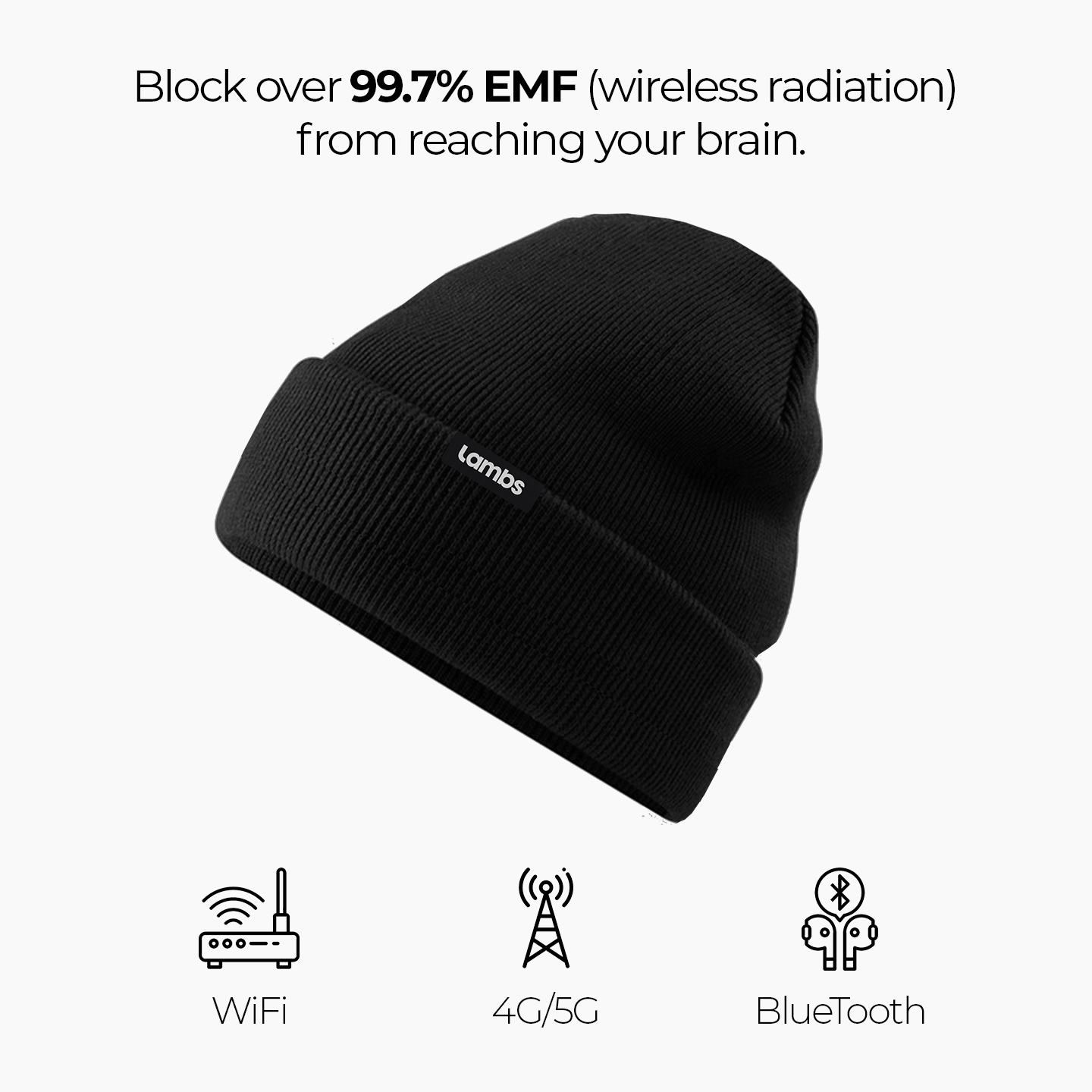 Black HAVN WaveStopper™ Beanie with EMF blocking claim and icons showing WiFi, 4G/5G, and Bluetooth protection.