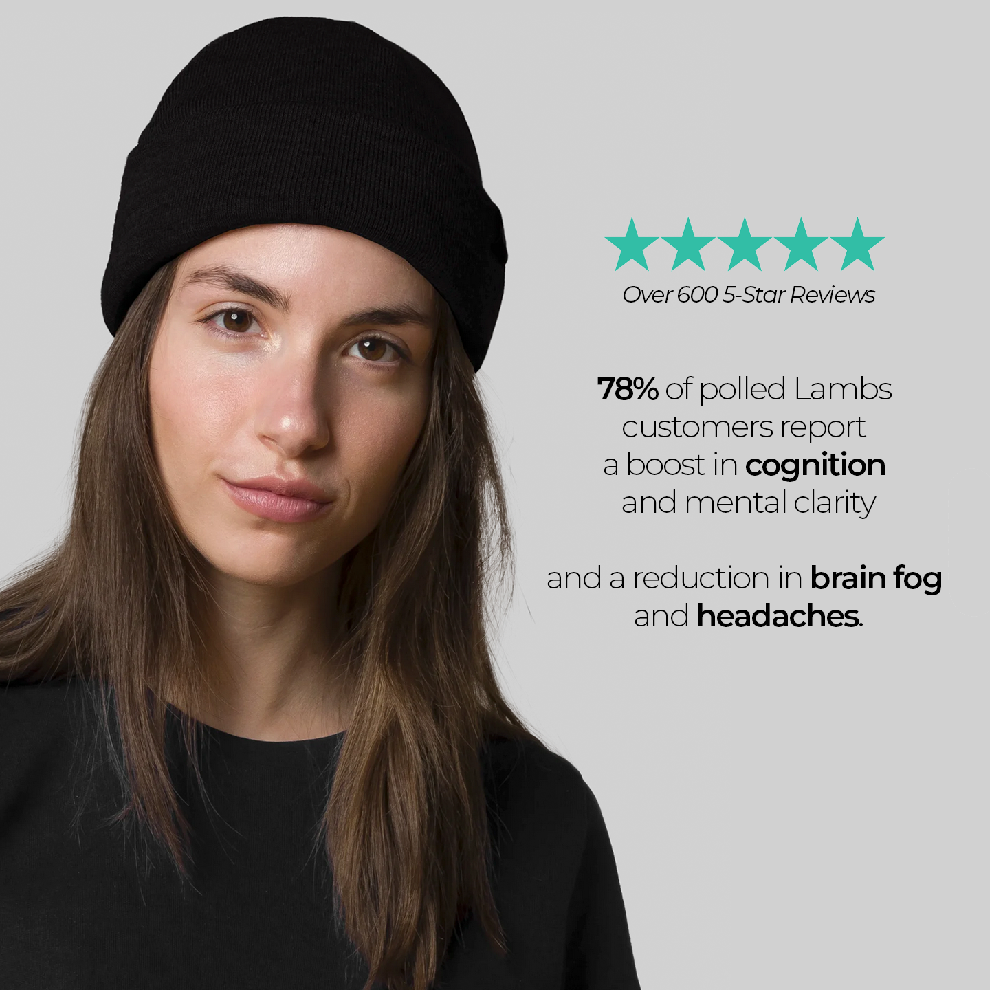 Woman wearing black HAVN WaveStopper™ Beanie with customer testimonial highlighting 5-star reviews and benefits for cognition and mental clarity.