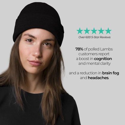 Woman wearing black HAVN WaveStopper™ Beanie with customer testimonial highlighting 5-star reviews and benefits for cognition and mental clarity.
