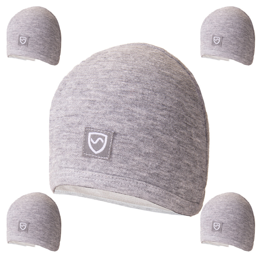 SYB Baby Beanie Bundle displaying five gray knit beanies in different sizes arranged with one large center beanie and four smaller beanies surrounding it.