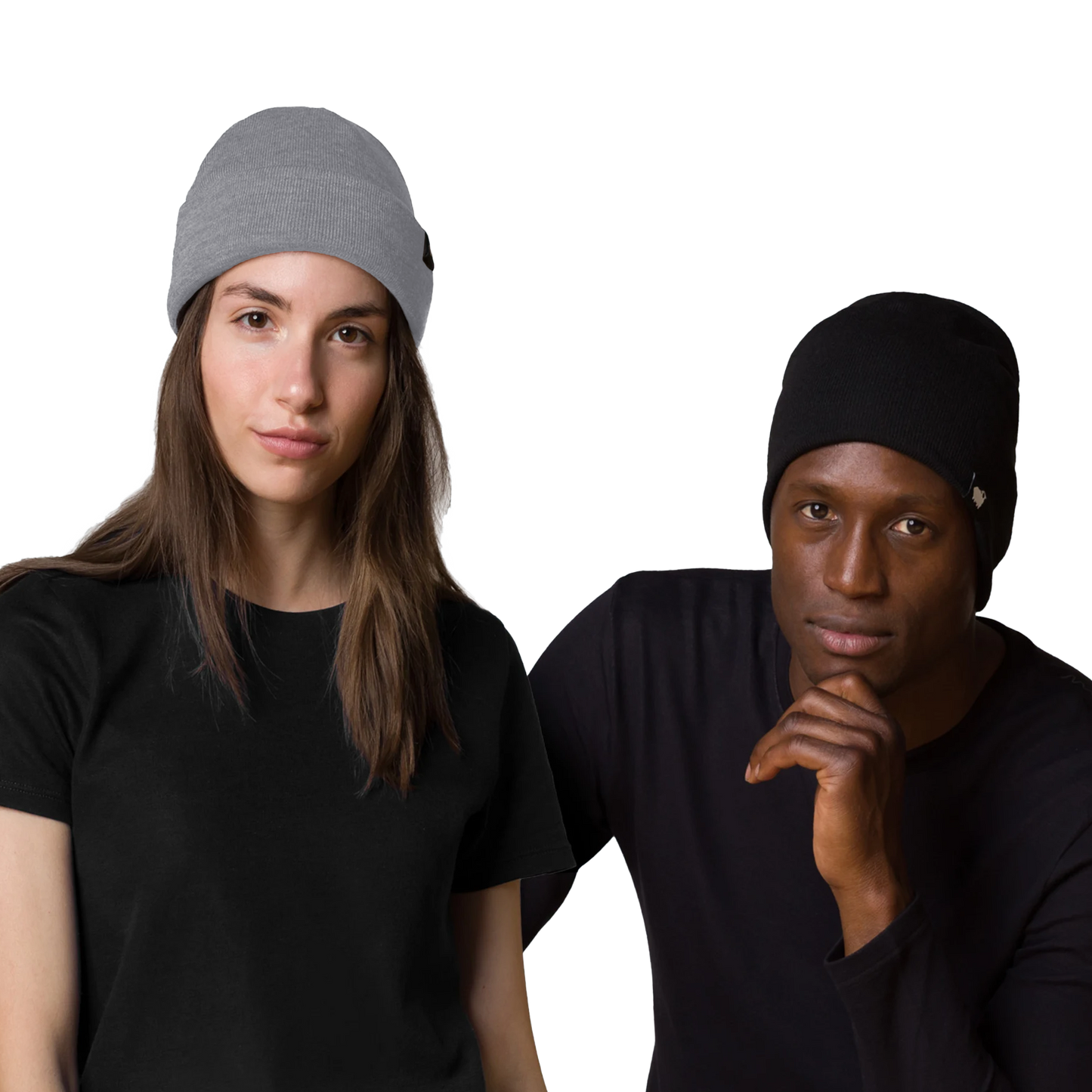 Two people wearing black t-shirts and HAVN WaveStopper™ Beanies in gray and black, posed against white background.