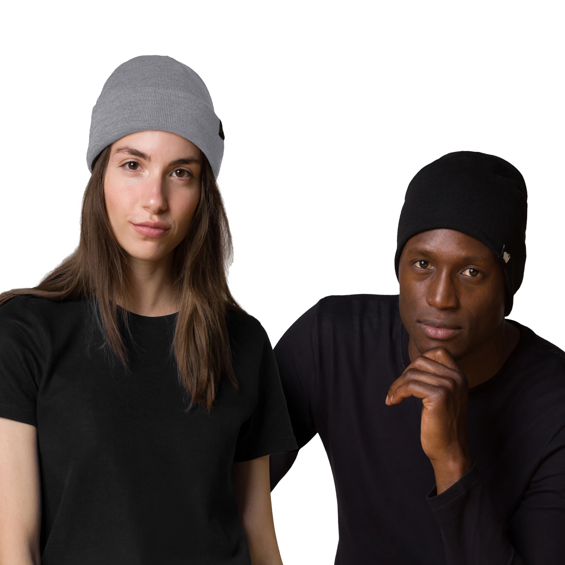 Two people wearing black t-shirts and HAVN WaveStopper™ Beanies in gray and black, posed against white background.