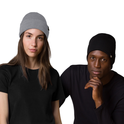Two people wearing black t-shirts and HAVN WaveStopper™ Beanies in gray and black, posed against white background.