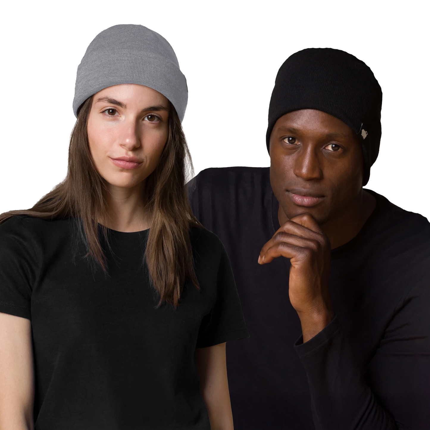 Two people wearing black t-shirts and HAVN WaveStopper™ Beanies in gray and black against a white background.