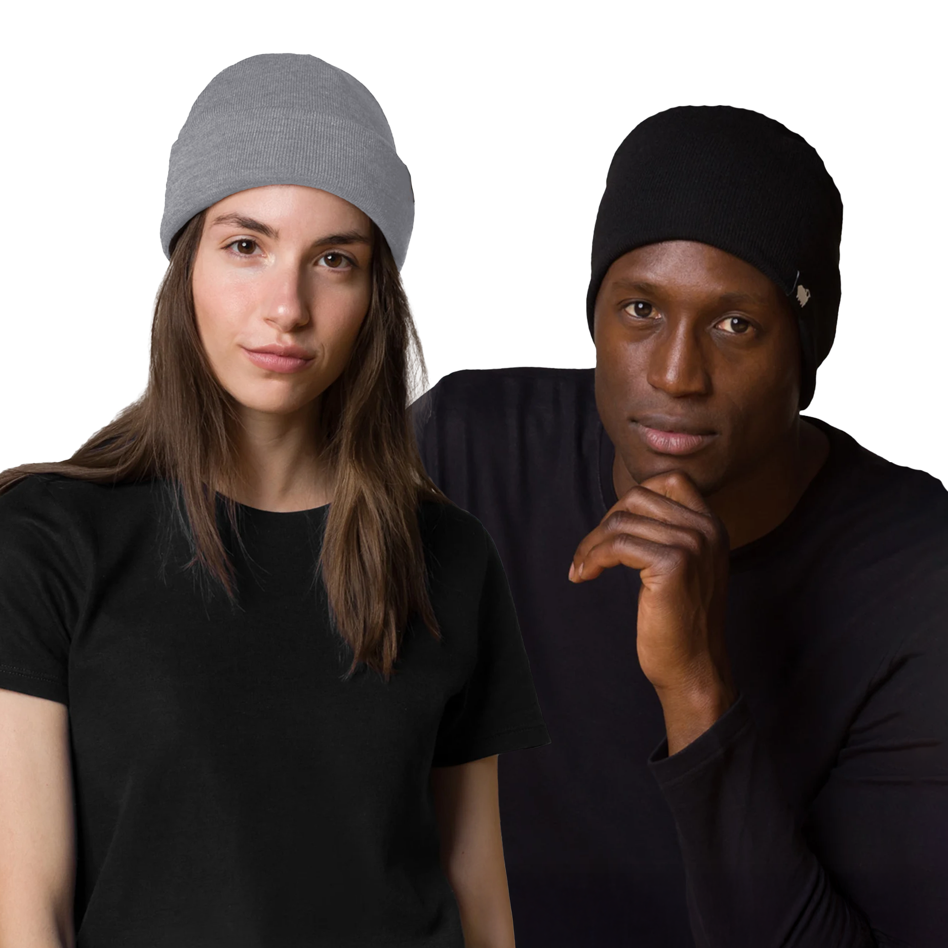 Two people wearing black t-shirts and HAVN WaveStopper™ Beanies in gray and black against a white background.