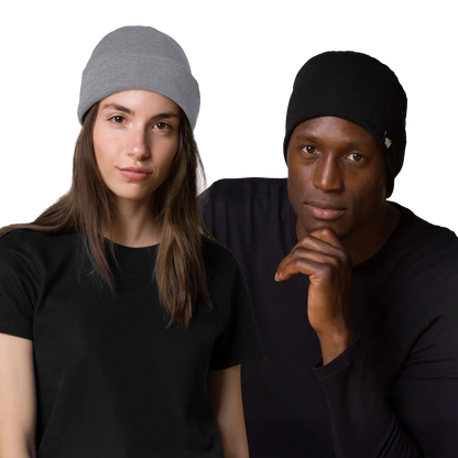 Two people wearing black t-shirts and HAVN WaveStopper™ Beanies in gray and black against a white background.