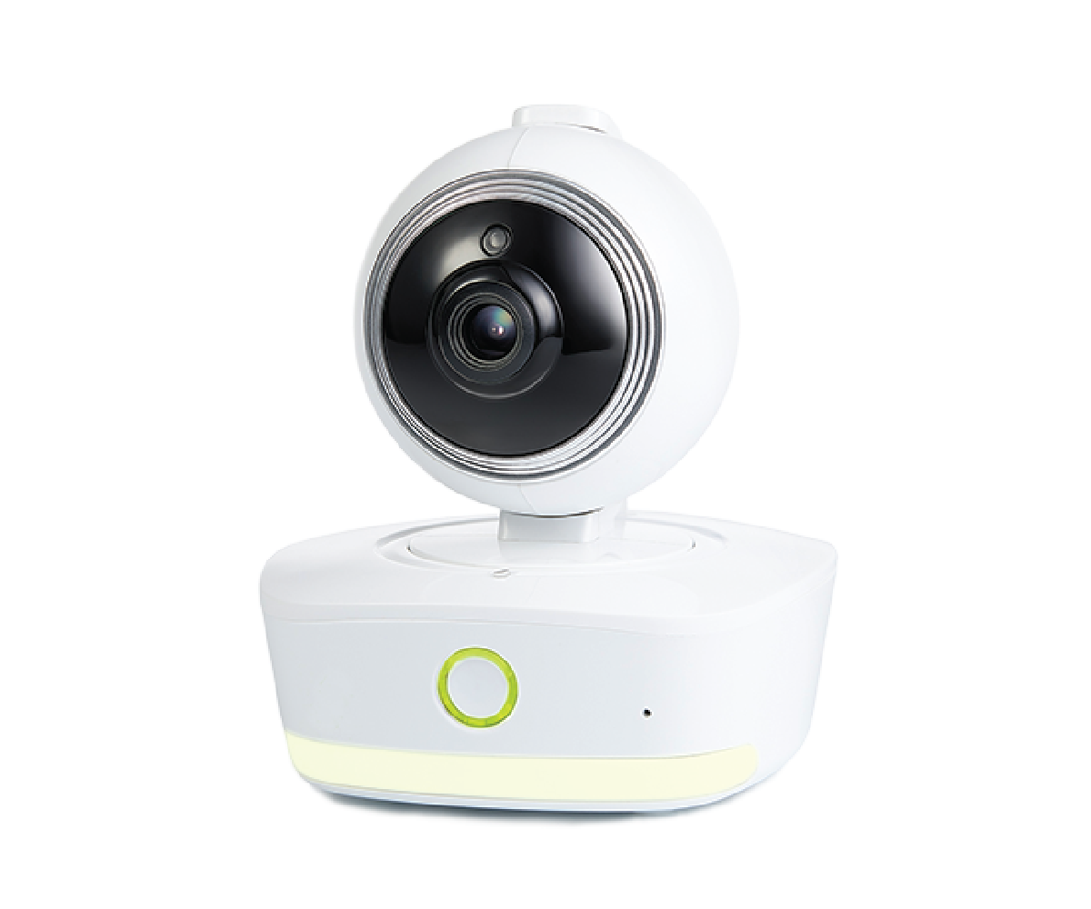 Bebcare IQ Camera with white base and green indicator light, spherical lens housing on articulating mount.