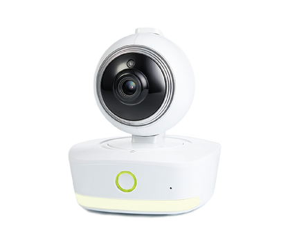 Bebcare IQ Camera with white base and green indicator light, spherical lens housing on articulating mount.