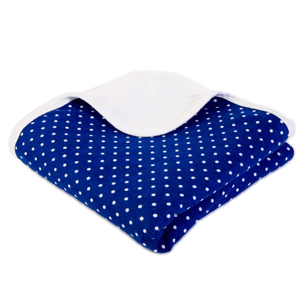 SYB Baby Blanket with navy blue base and white polka dot pattern, white trim detail, folded flat lay view.