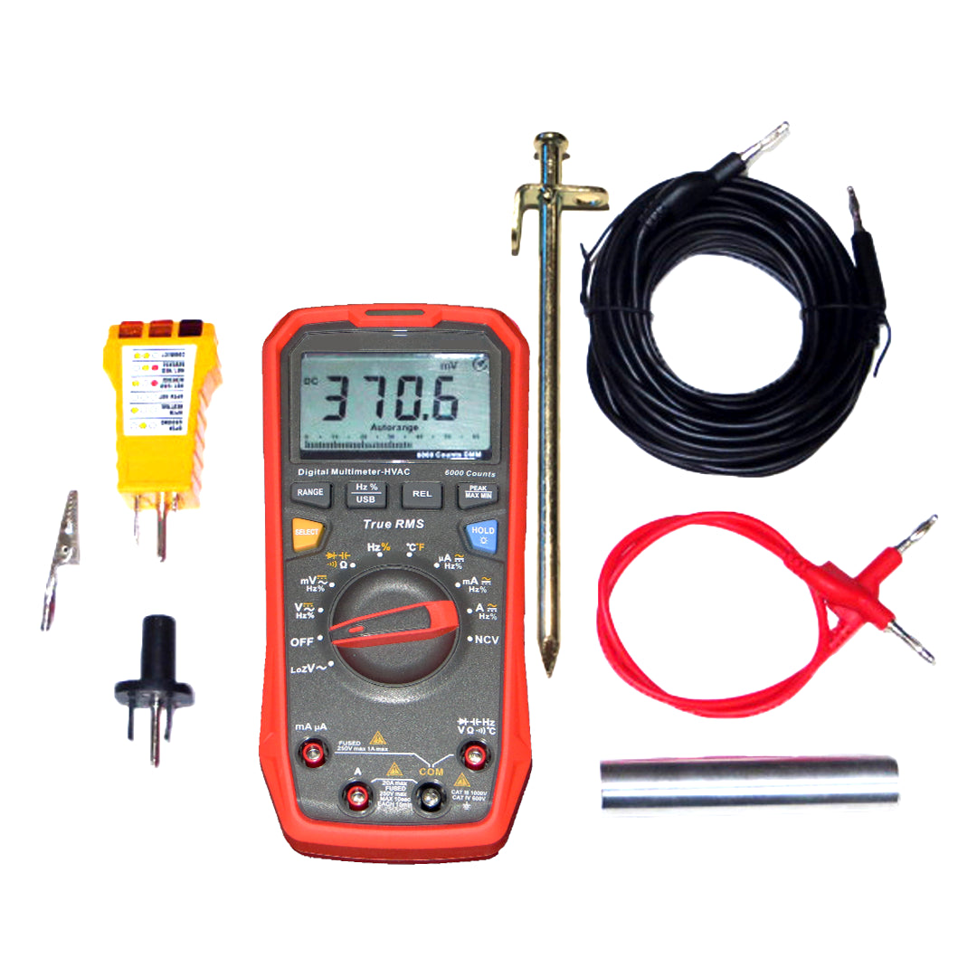 SLT Safe & Sound Body Voltage Home Test Kit components including digital multimeter, test leads, voltage probe, and accessories laid out separately.