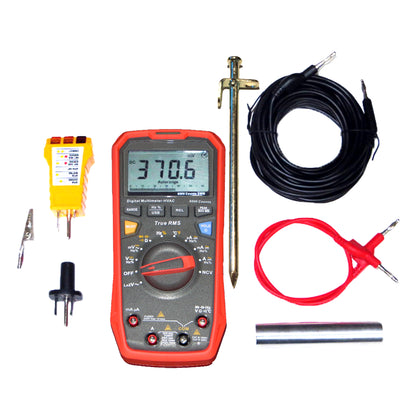 SLT Safe & Sound Body Voltage Home Test Kit components including digital multimeter, test leads, voltage probe, and accessories laid out separately.