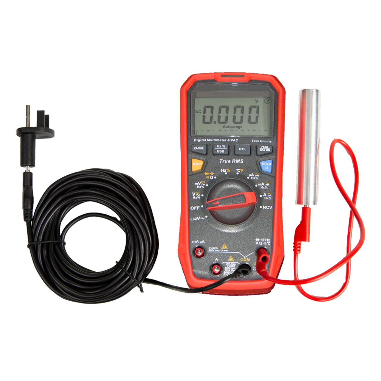 Digital multimeter with red and black test leads and accessories displayed against white background.