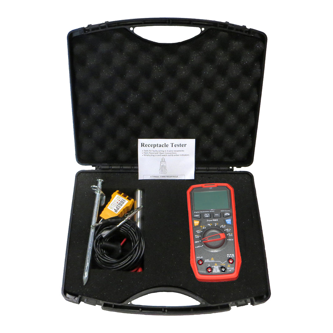 SLT Safe & Sound Body Voltage Home Test Kit in black carrying case with digital multimeter, yellow tester probe, and instruction manual.