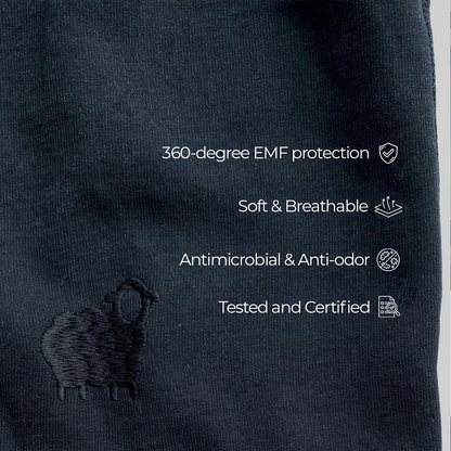 Dark fabric close-up showing WaveStopper™ Boxer Briefs features: 360-degree EMF protection, soft breathable material, antimicrobial anti-odor, tested and certified.