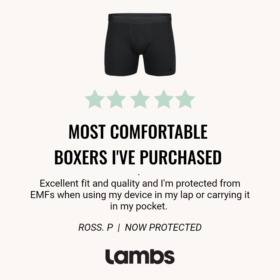 HAVN WaveStopper™ Boxer Briefs 2.0 with five-star customer review praising comfort and EMF protection.