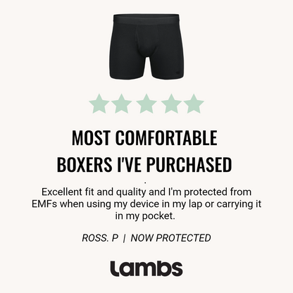 HAVN WaveStopper™ Boxer Briefs 2.0 with five-star customer review praising comfort and EMF protection.