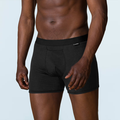 Man wearing black HAVN WaveStopper™ Boxer Briefs 2.0, side view showing fit and waistband detail.